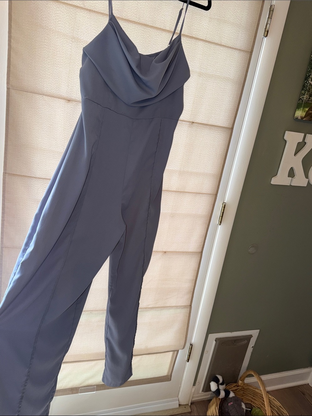 Cider Dusty Blue Cowl-Neck Spaghetti-Strap Jumpsuit